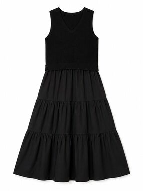 Cynthia Rowley Mixed Fabric V-neck Tiered Maxi Dress Black Size Large